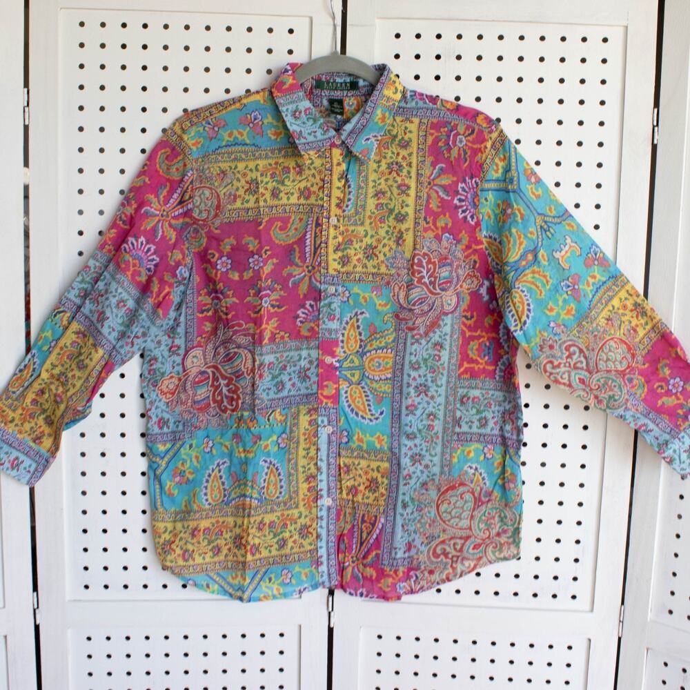 Ralph Lauren Womens SIZE XL Patchwork Paisley Floral Cotton Button Up Shirt